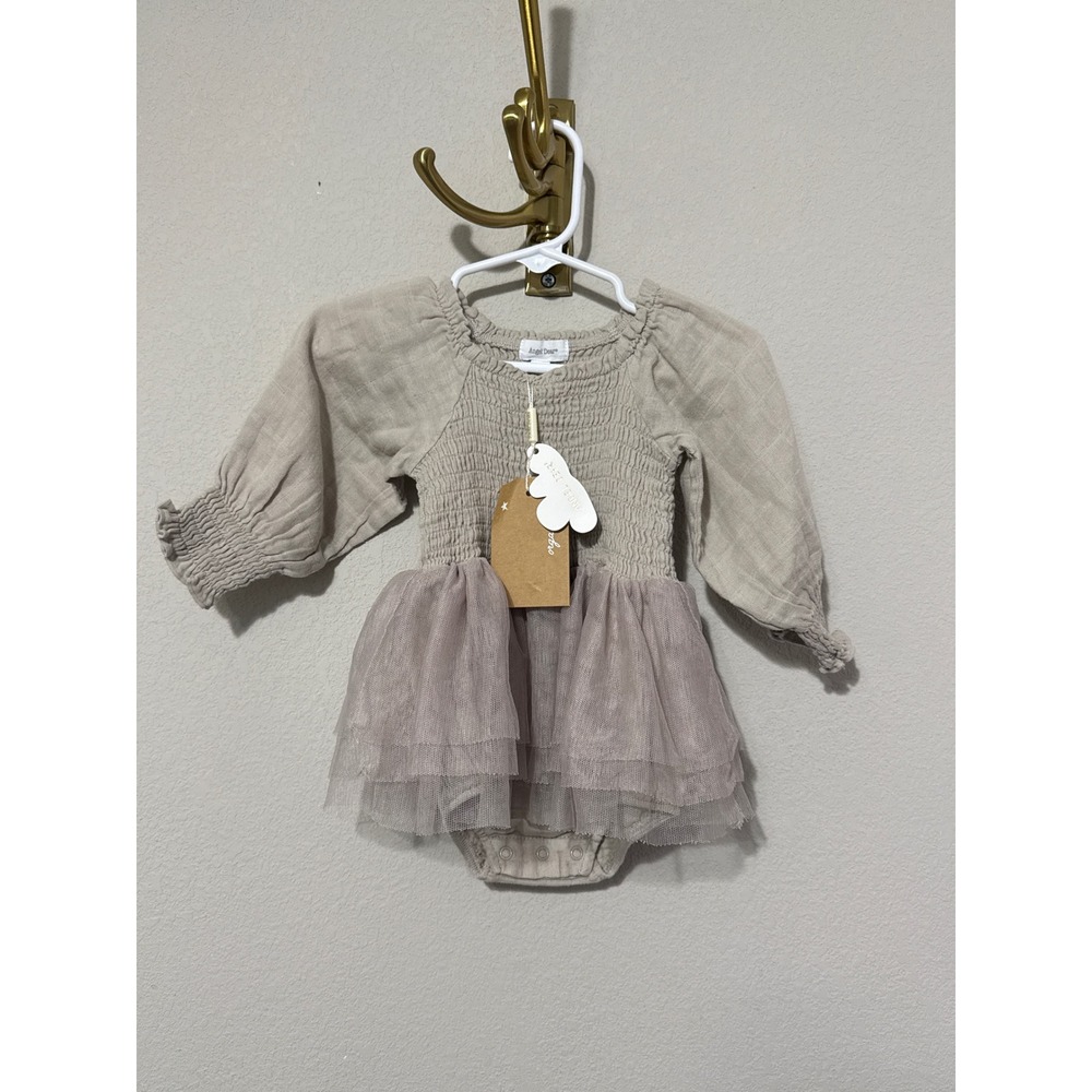 NWT Angel Dear Tutu Bubble Baby 6-12M Tan Smocked Organic Cotton Gauze